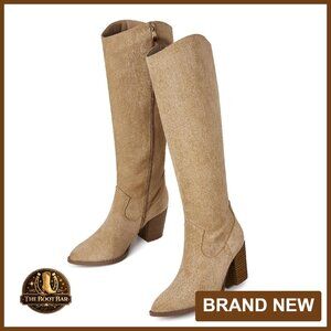 Knee High Suede Boots Pointed Toe Chunky Heel Side Zipper Fall